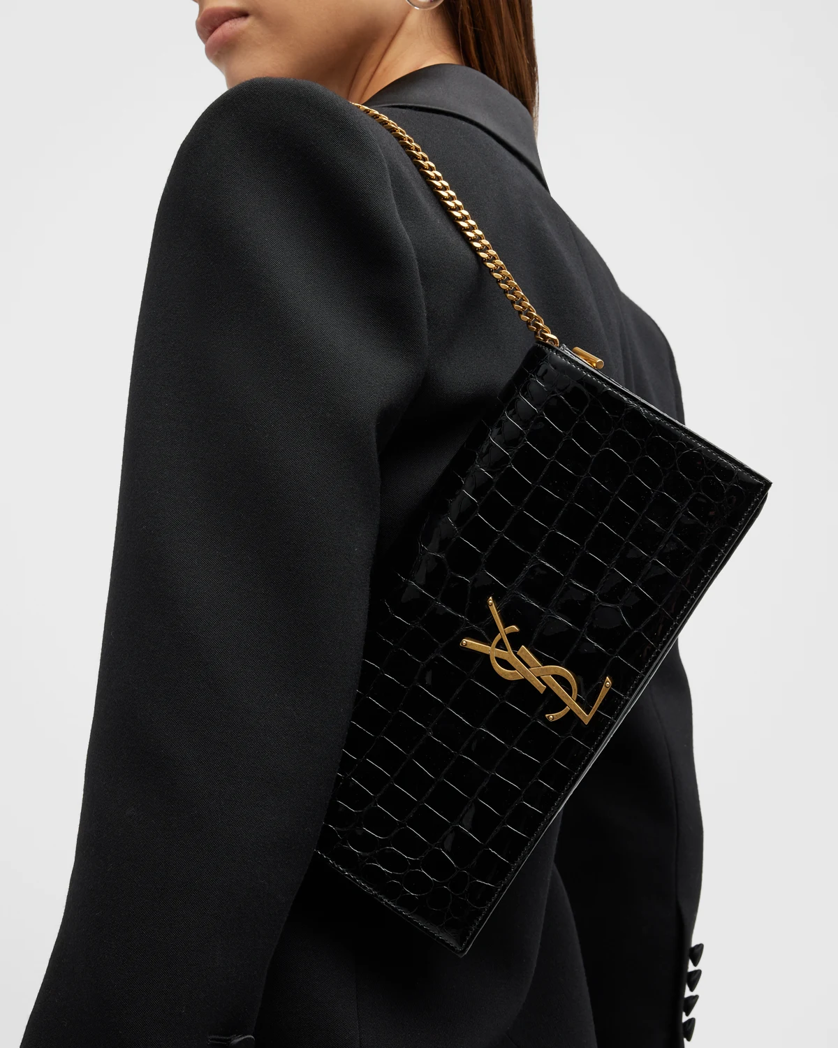 Kate YSL Clutch Bag in Croc-Embossed Patent Leather