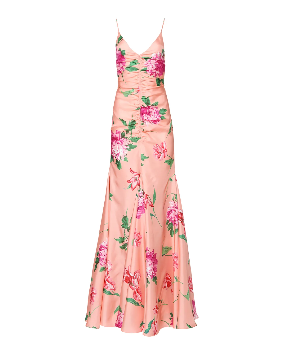 Floral-Print Ruched Silk Gown