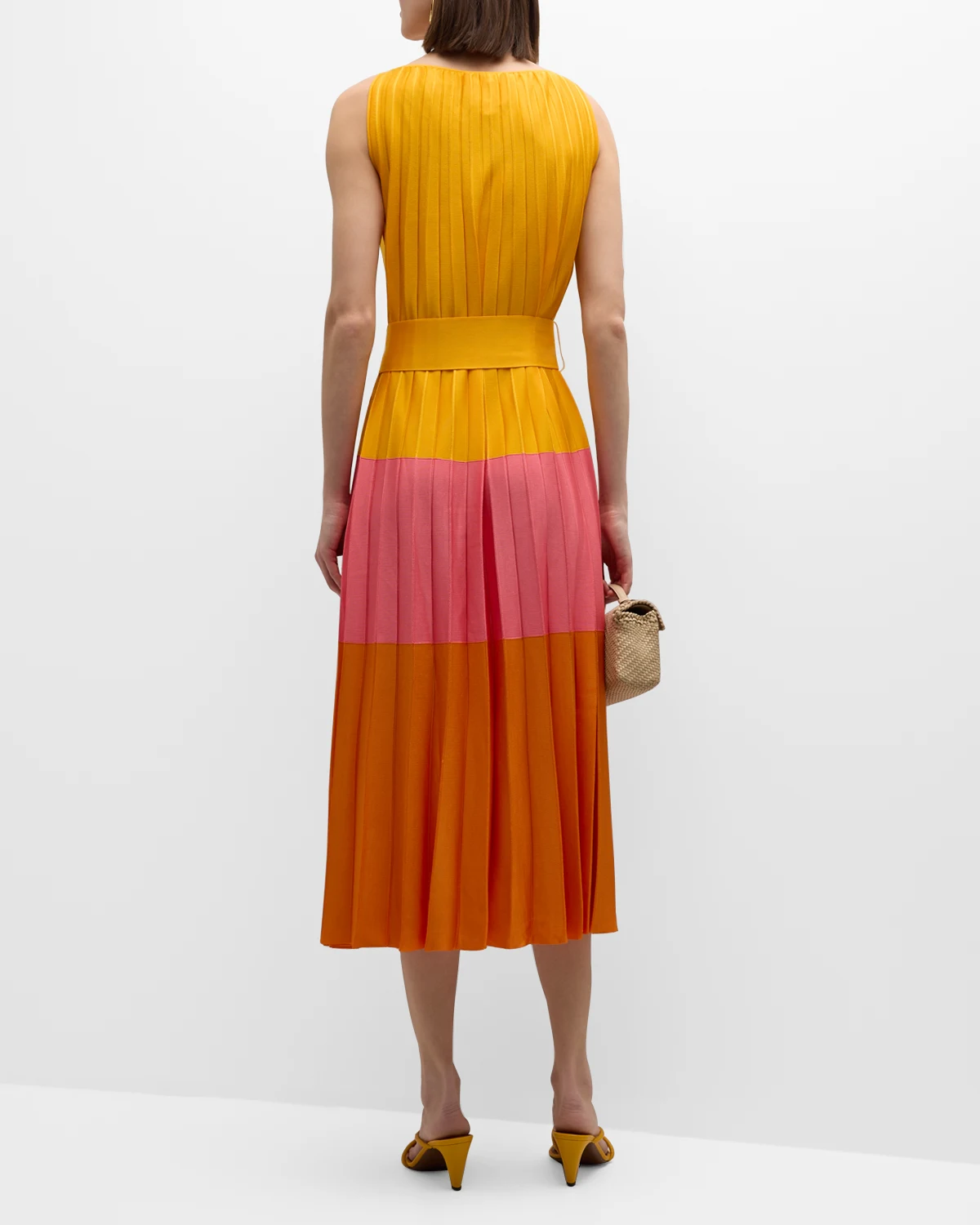 Colorblock Pleated Knit Maxi Dress with Tie Belt