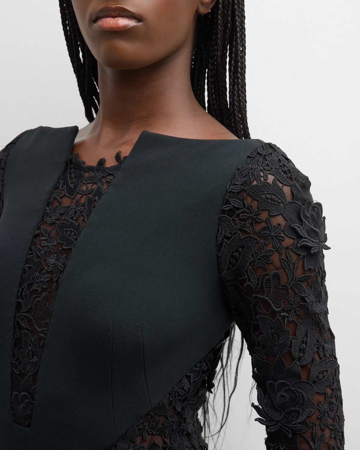 Black Crepe Gown with Lace Panels and Sleeves