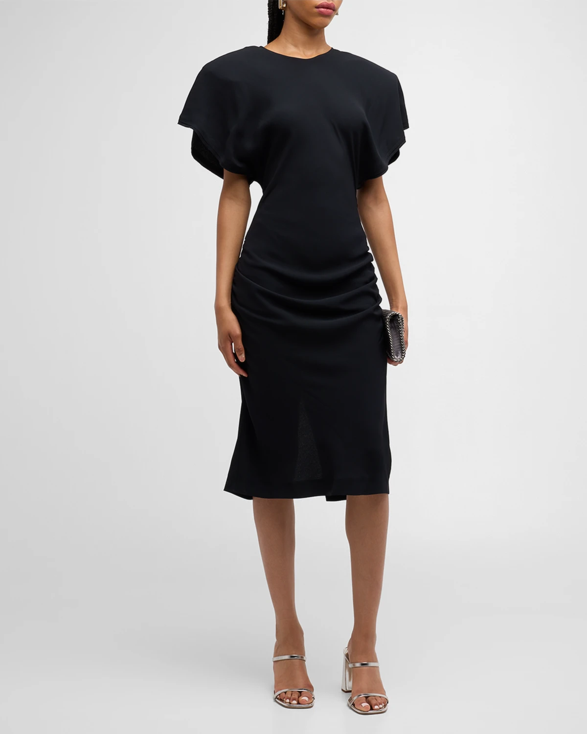 Draped Strong-Shoulder Midi Dress