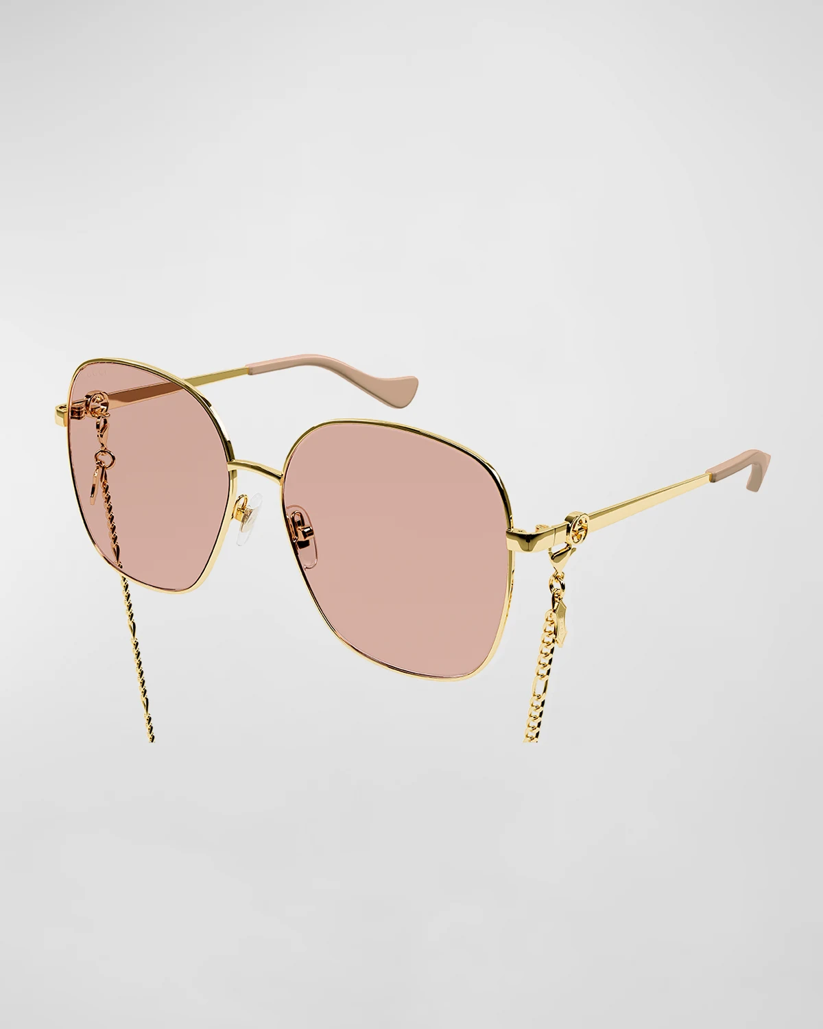 Square Metal & Acetate Sunglasses w/ Chain Strap