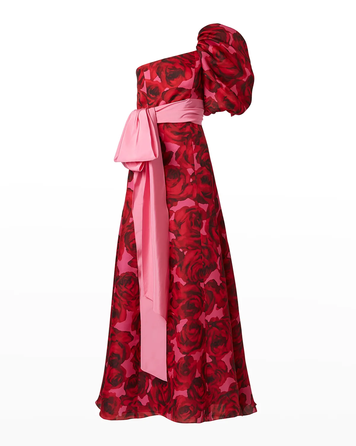 Rose-Print Puff-Sleeve Draped Bow Gown