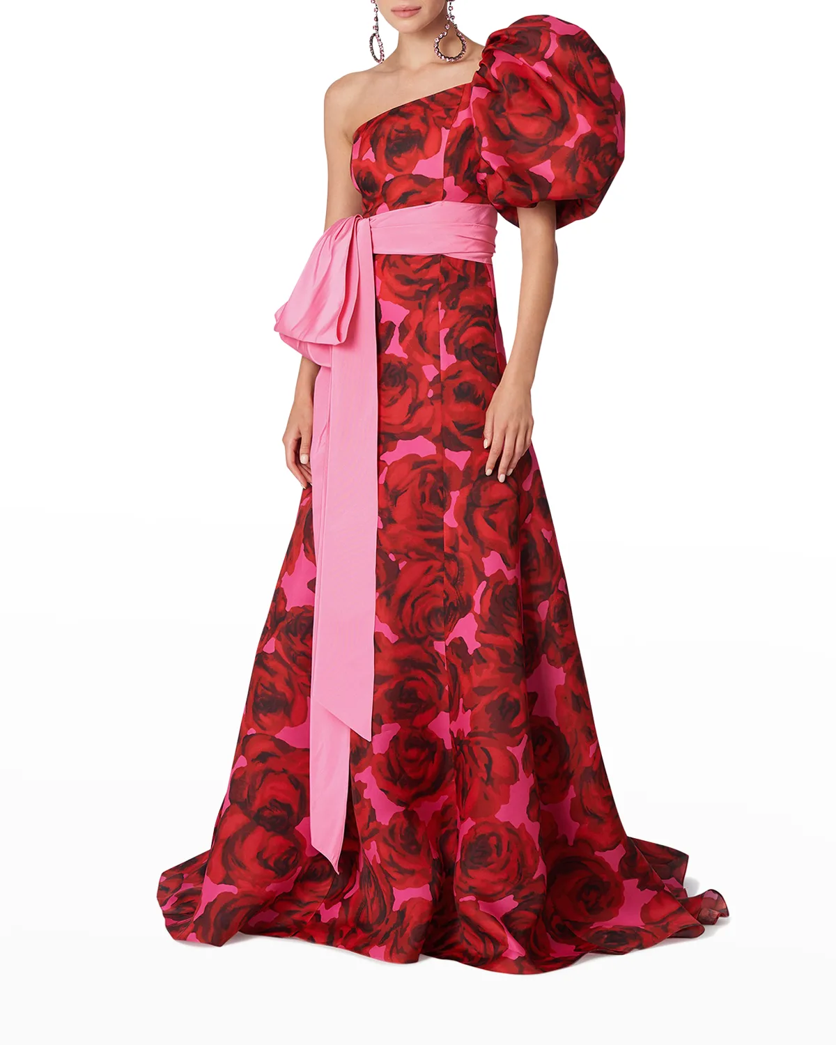 Rose-Print Puff-Sleeve Draped Bow Gown