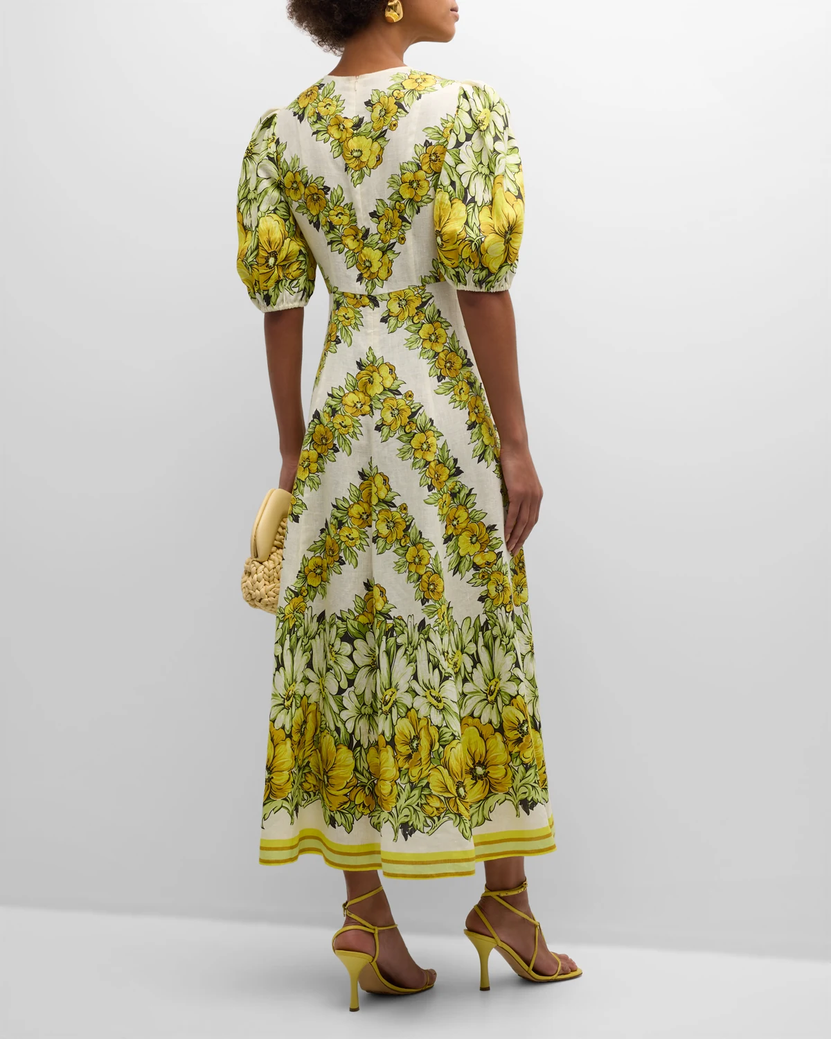 Gisela Balloon-Sleeve Floral Linen A-Line Midi Dress