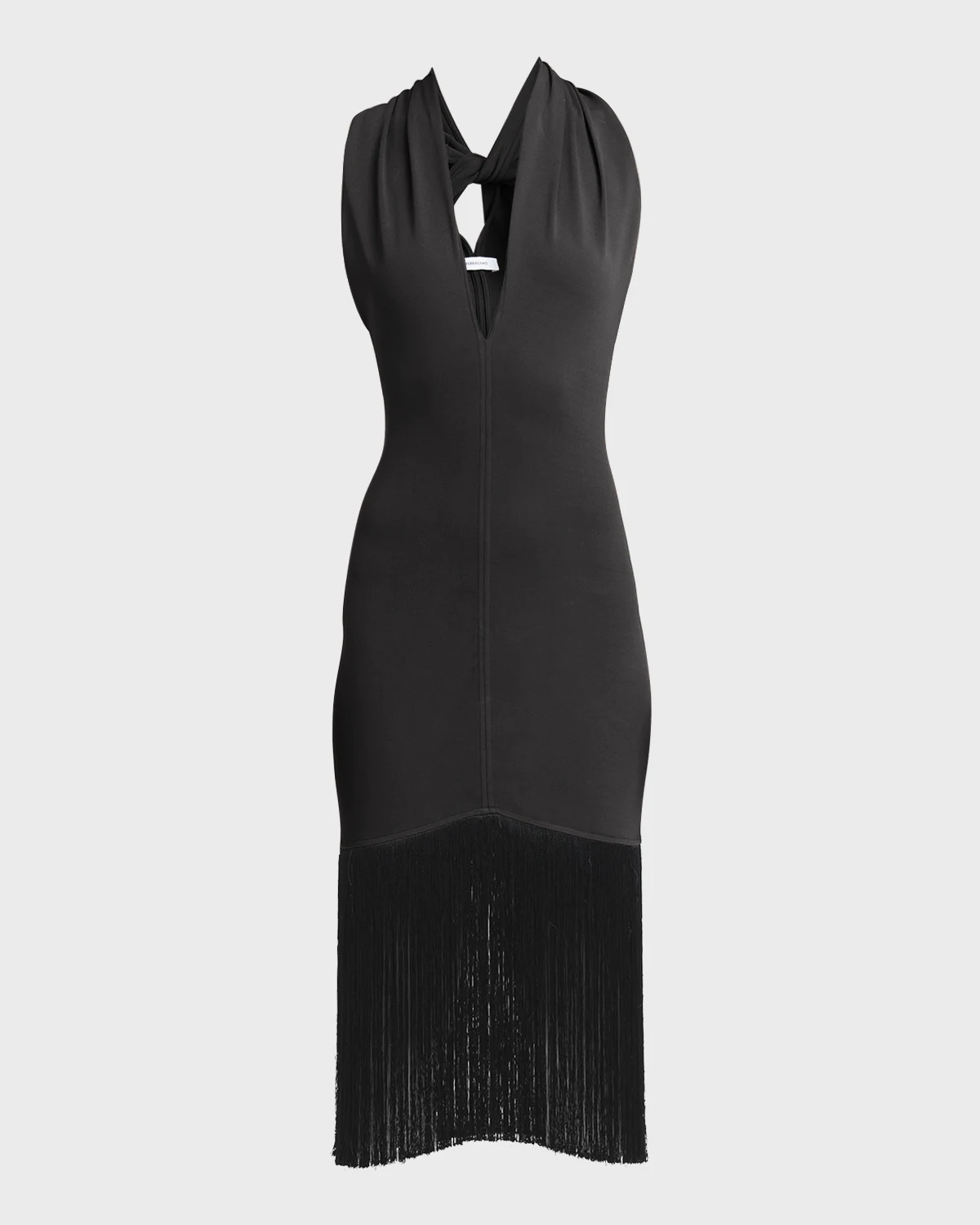 Plunging Sleeveless Fringe-Hem Midi Dress