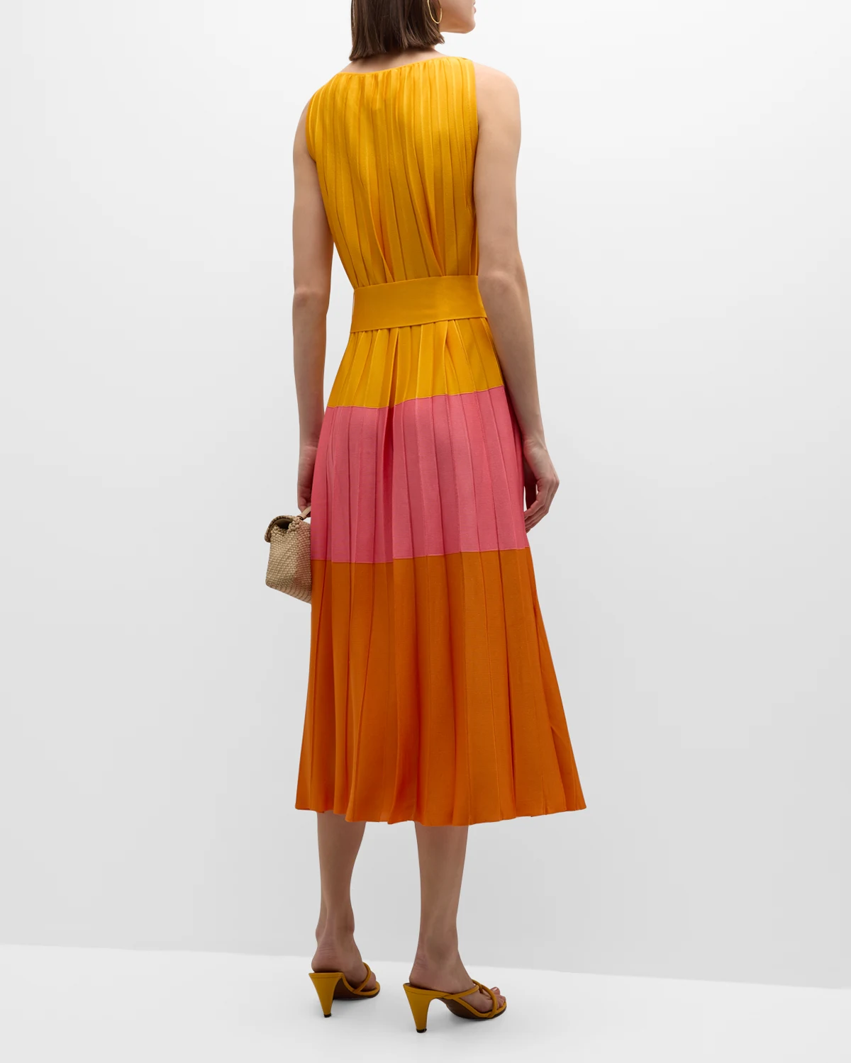 Colorblock Pleated Knit Maxi Dress with Tie Belt