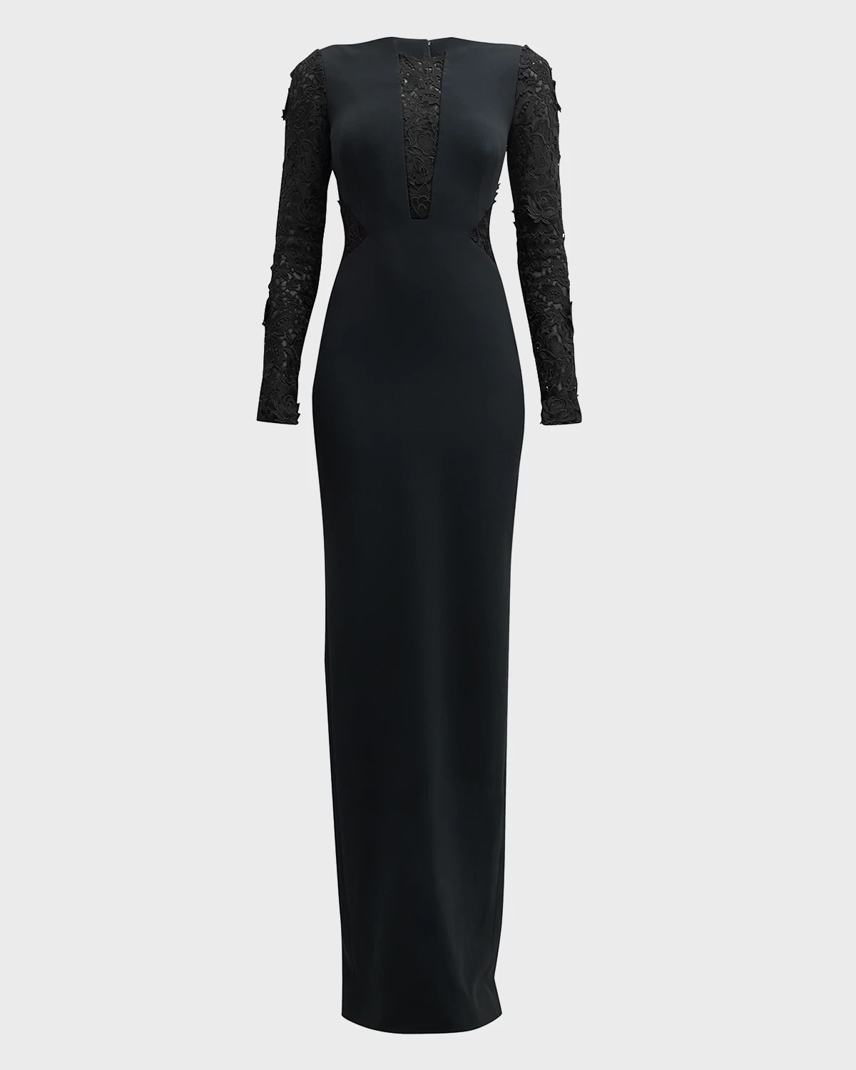 Black Crepe Gown with Lace Panels and Sleeves