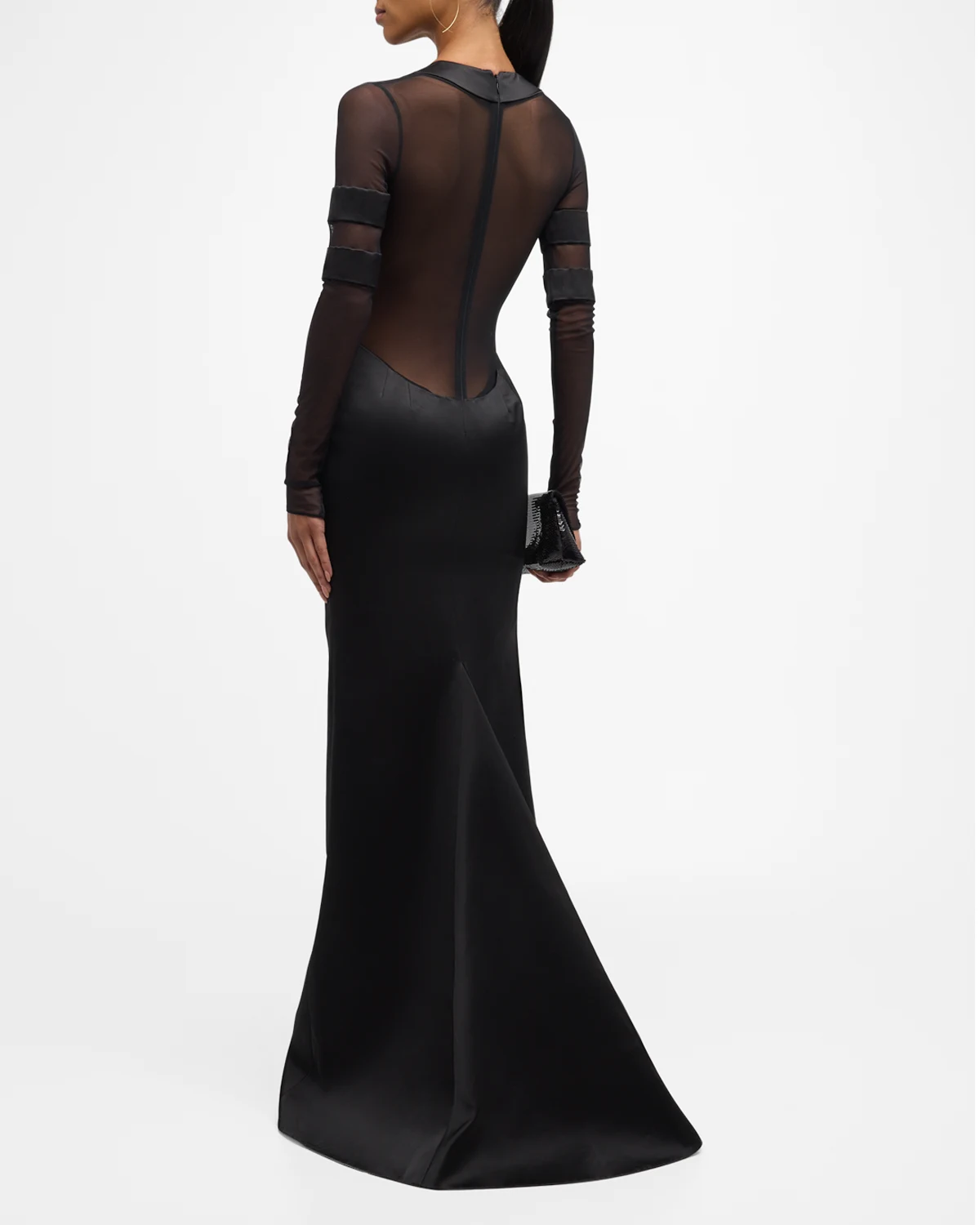 Plunging Scoop-Neck Mesh Long-Sleeve Satin Gown