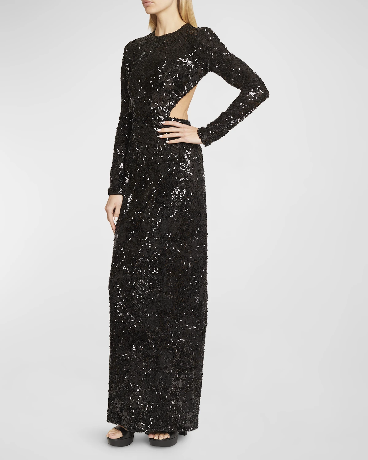 Embroidered Sequin Gown with Cutout Detail