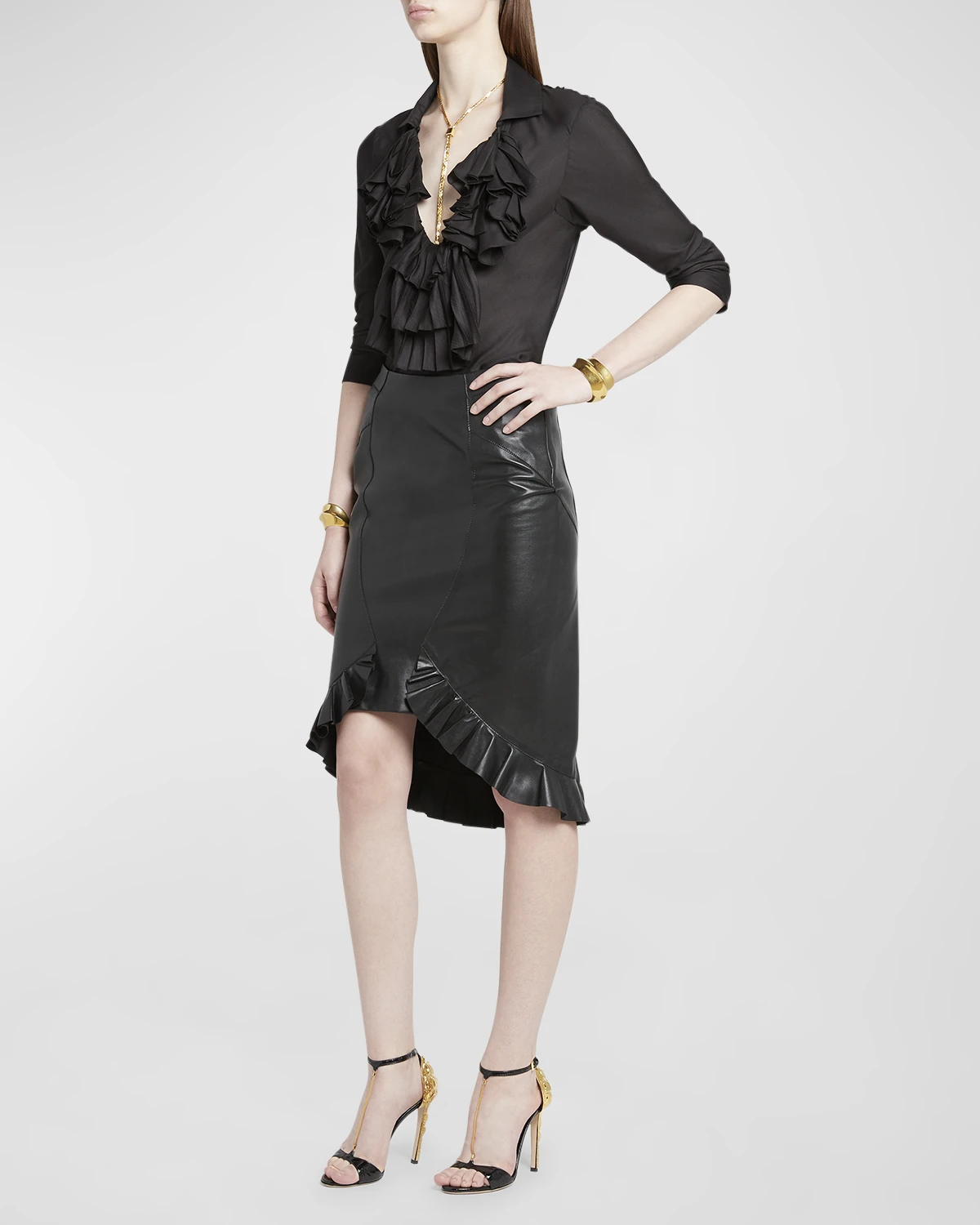 Quanteria Leather Ruffle Godet Asymmetric Skirt