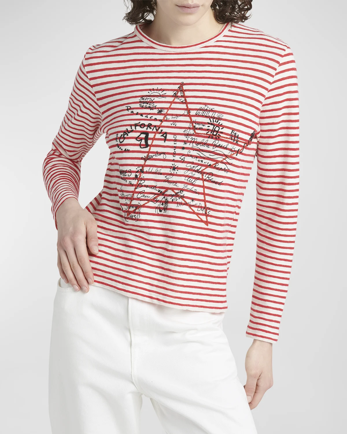 Striped Long-Sleeve T-Shirt w/ Embroidery