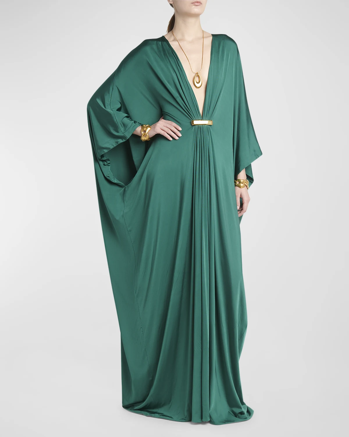 Plunging Satin Stretch Jersey Maxi Kaftan Dress