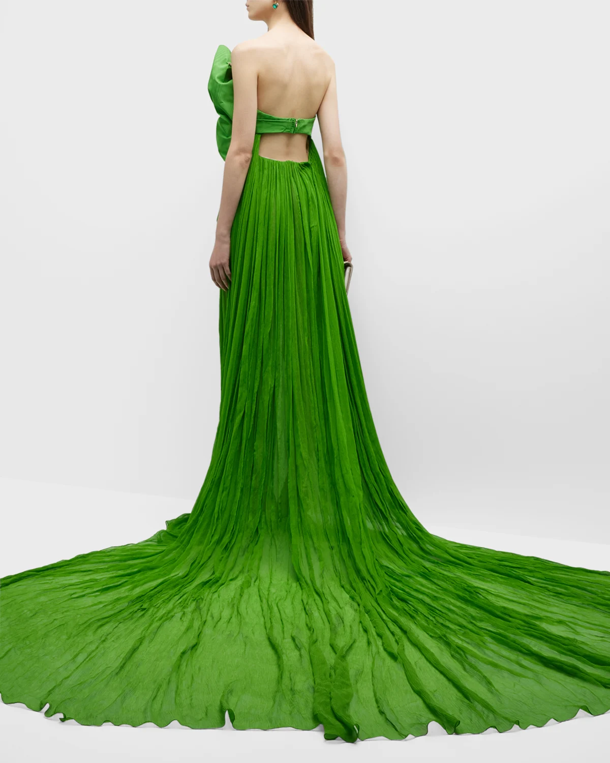 Moire-Bow Strapless Chiffon Creponne Gown