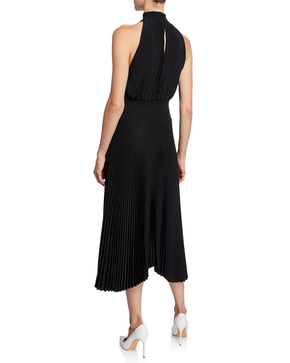 Renzo High-Neck Pleated Asymmetrical Cocktail Dress