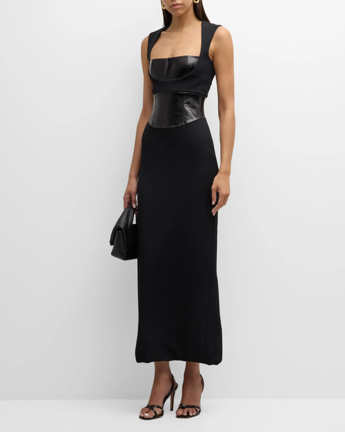 Leather Corset Crepe Sleeveless Maxi Dress