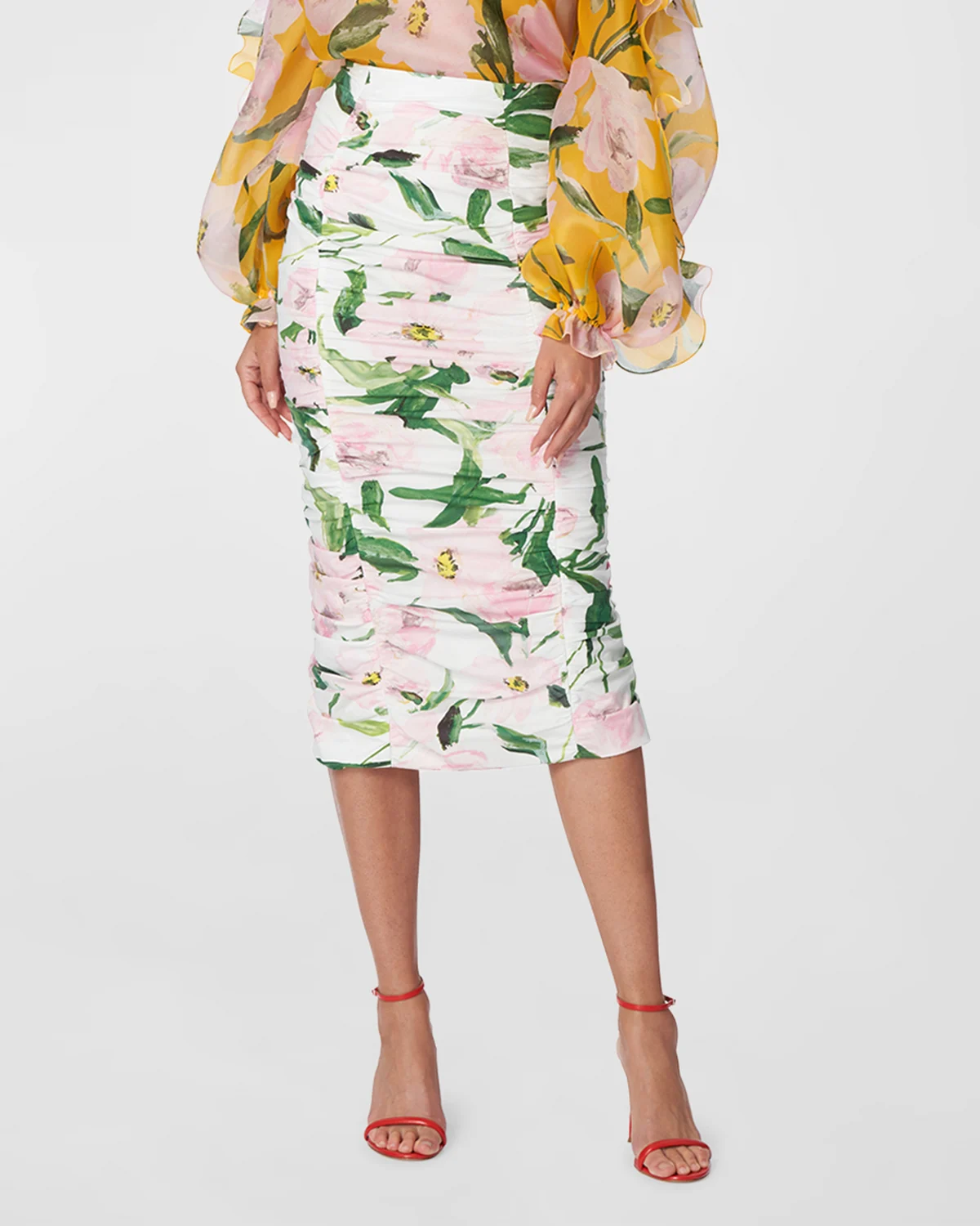 Floral-Print Ruched Midi Pencil Skirt