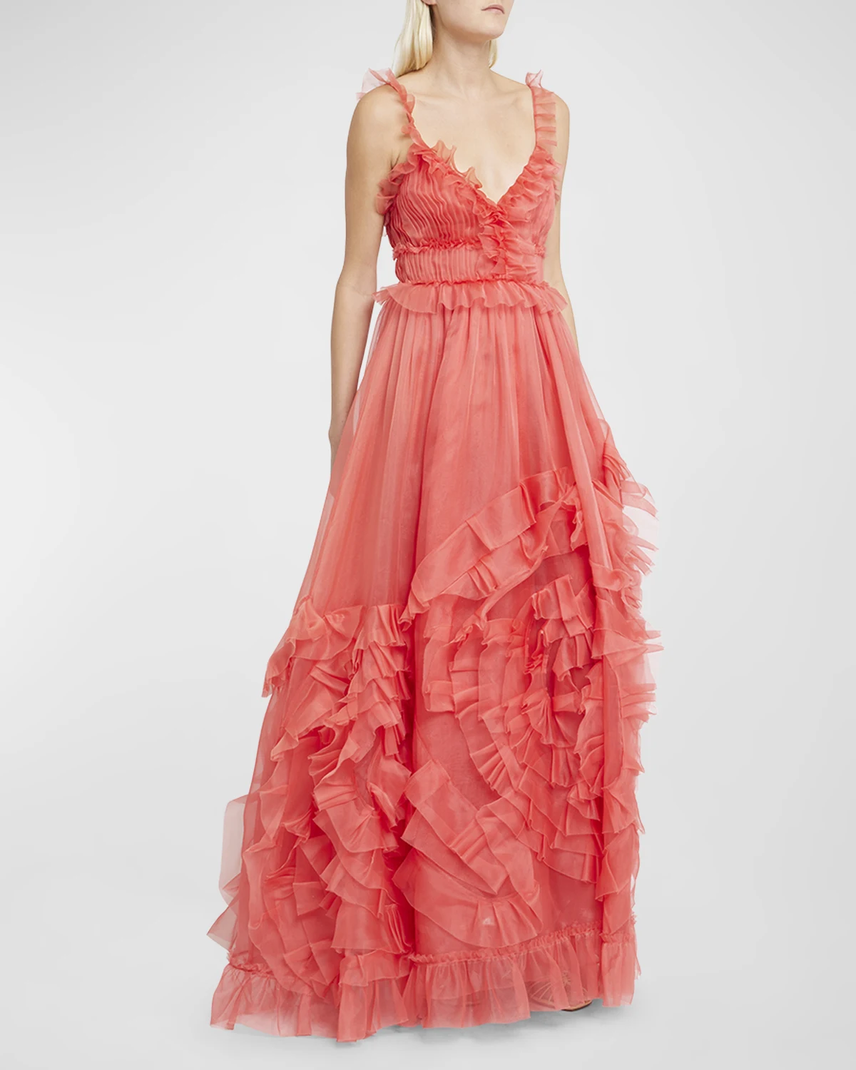 Margaux Frill-Strap Ruffled Silk Gown