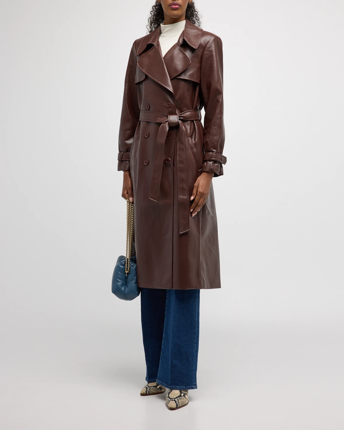 Elicia Strong-Shoulder Vegan Leather Trench Coat 