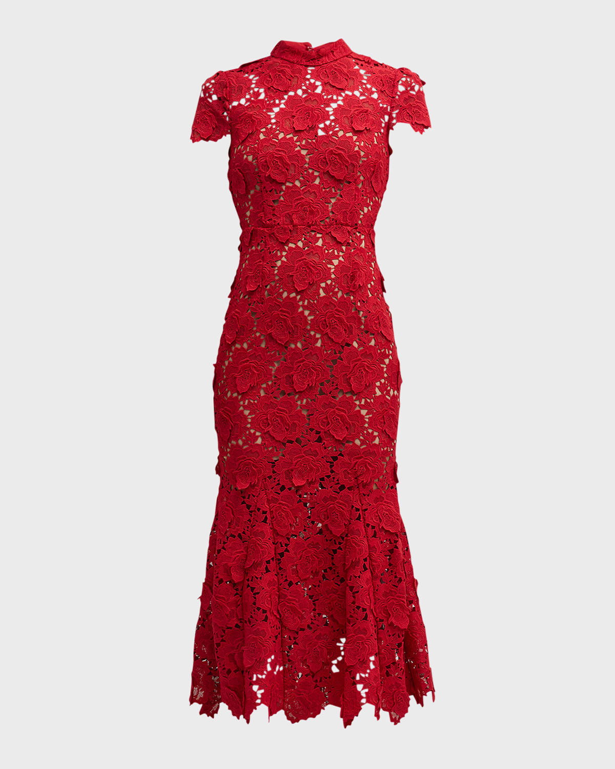 Flower Lace Short-Sleeve Trumpet Midi Dress