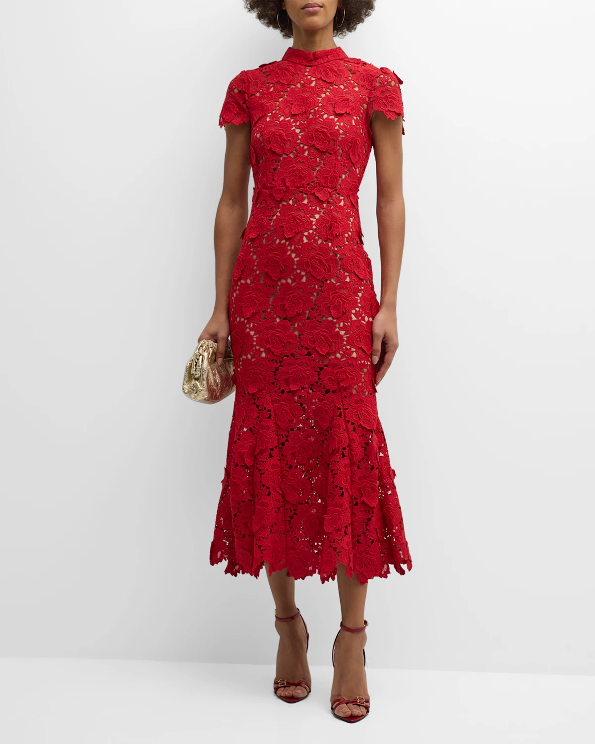 Flower Lace Short-Sleeve Trumpet Midi Dress