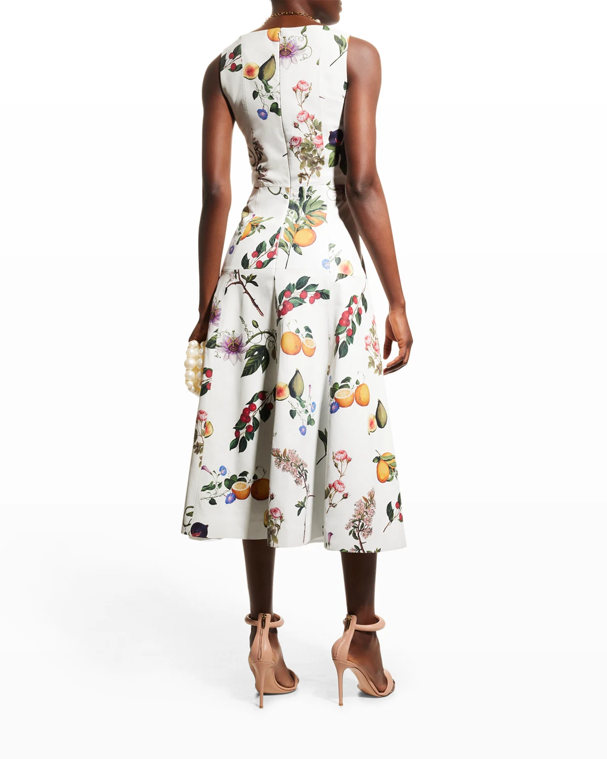 Botanical-Print Flower-Applique Leather Midi Dress