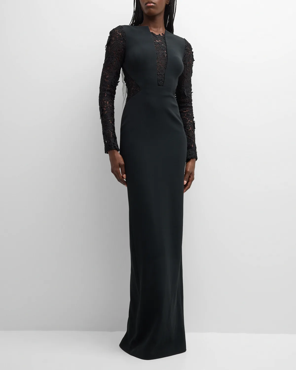 Black Crepe Gown with Lace Panels and Sleeves