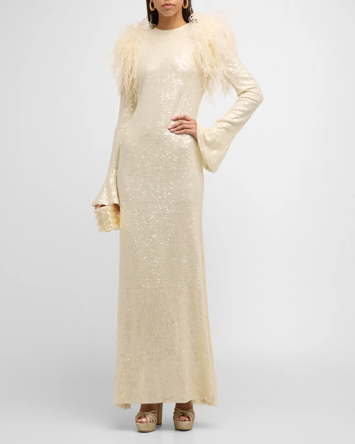 Feather-Shoulder Flare-Sleeve Sequin Viscose Maxi Dress