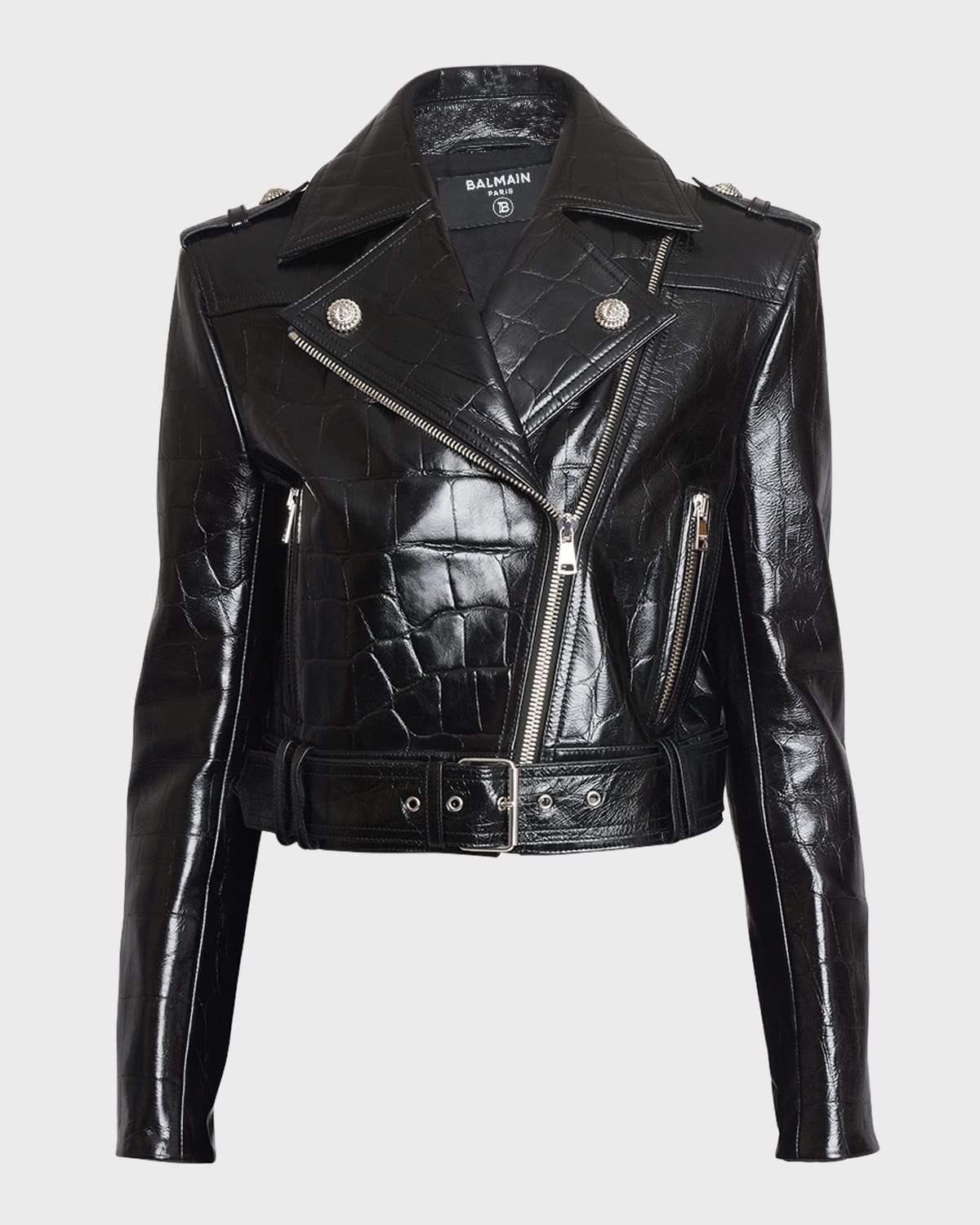 Croc-Embossed Leather Crop Biker Jacket