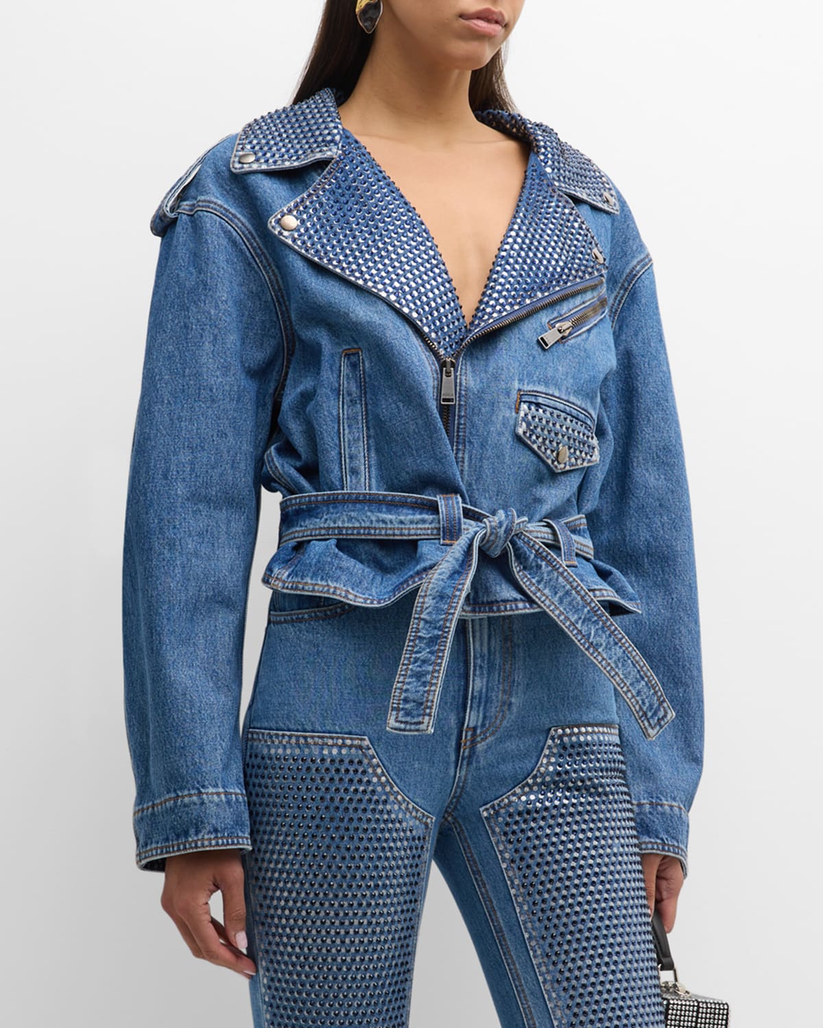 Crystal-Embellished Crop Denim Moto Jacket