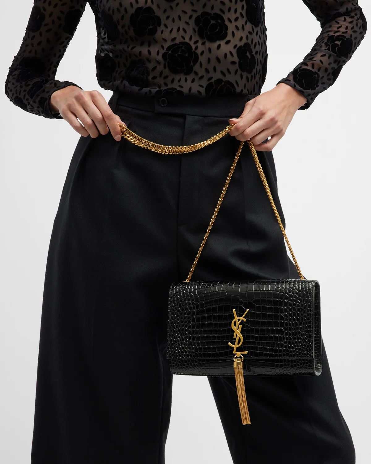 Kate Medium Tassel YSL Crossbody Bag in Croc-Embossed Leather