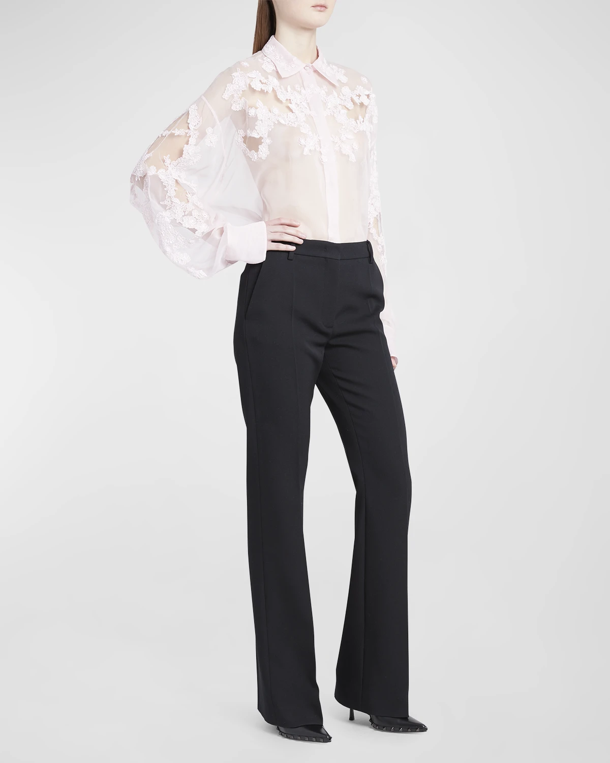 Sheer Lace Embroidered Button-Front Blouse