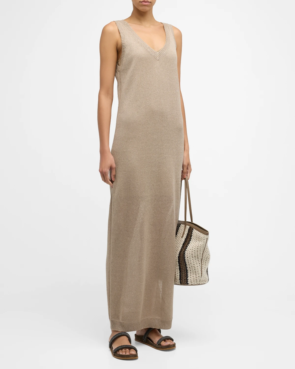 Linen Silk Diamante Knit Column Dress with Monili Detail