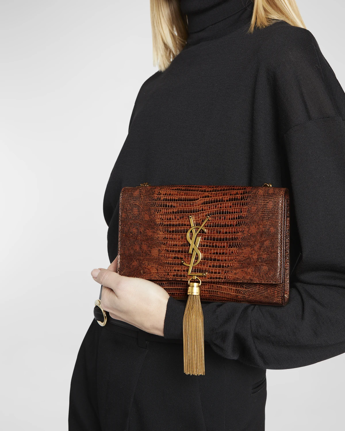 Kate Small Tassel YSL Wallet on Chain in Lizard-Embossed Leather