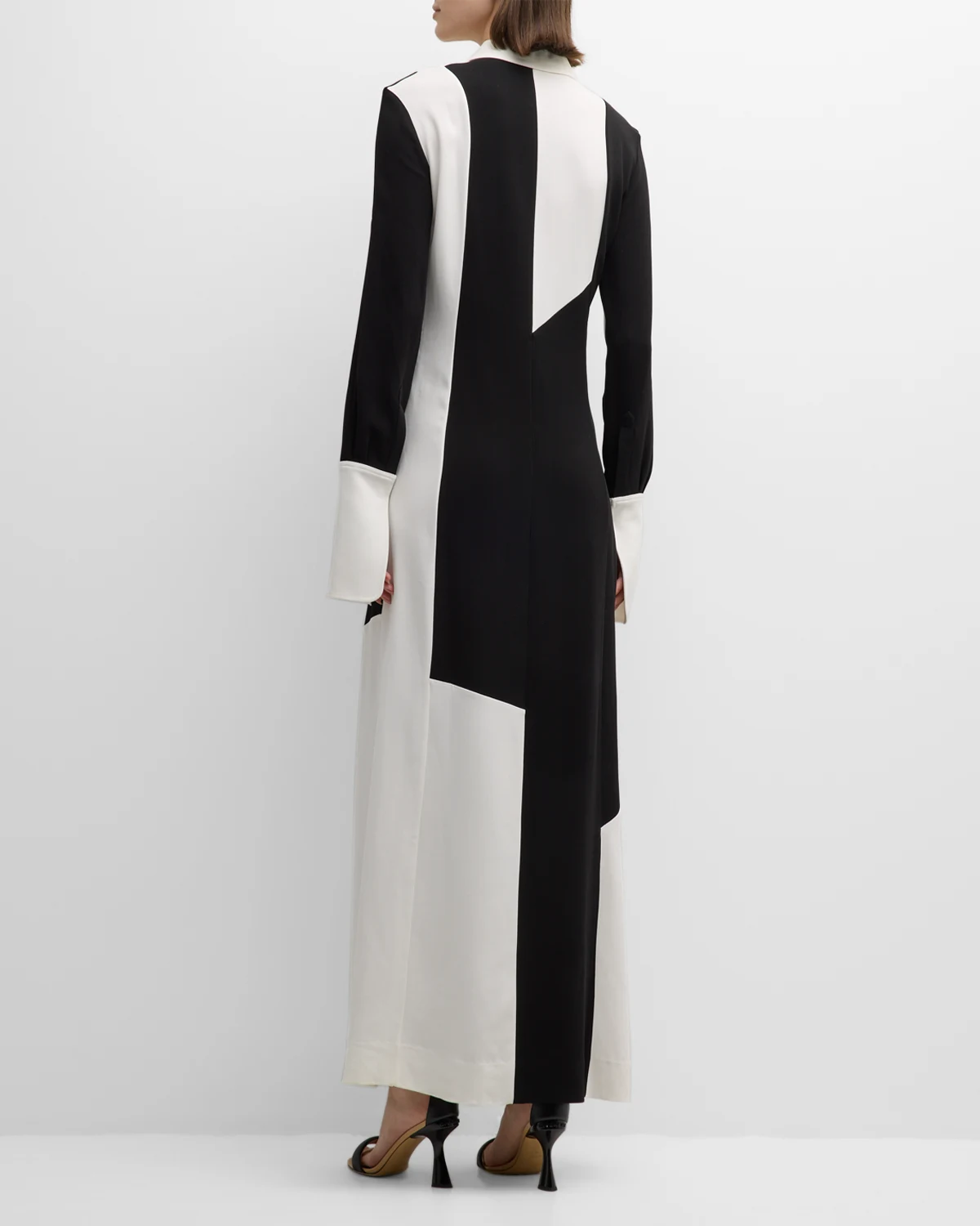 Colorblock Paneled Long-Sleeve Keyhole Collared Gown