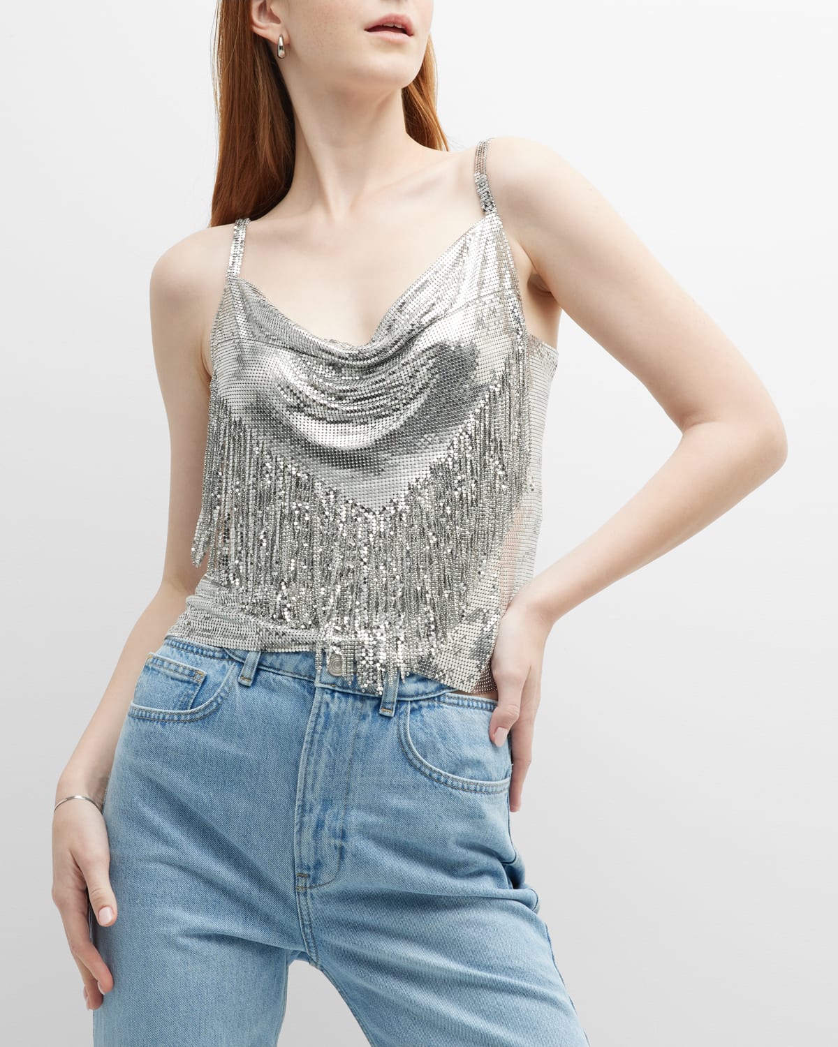 Cowl-Neck Fringe Chainmail Tank Top