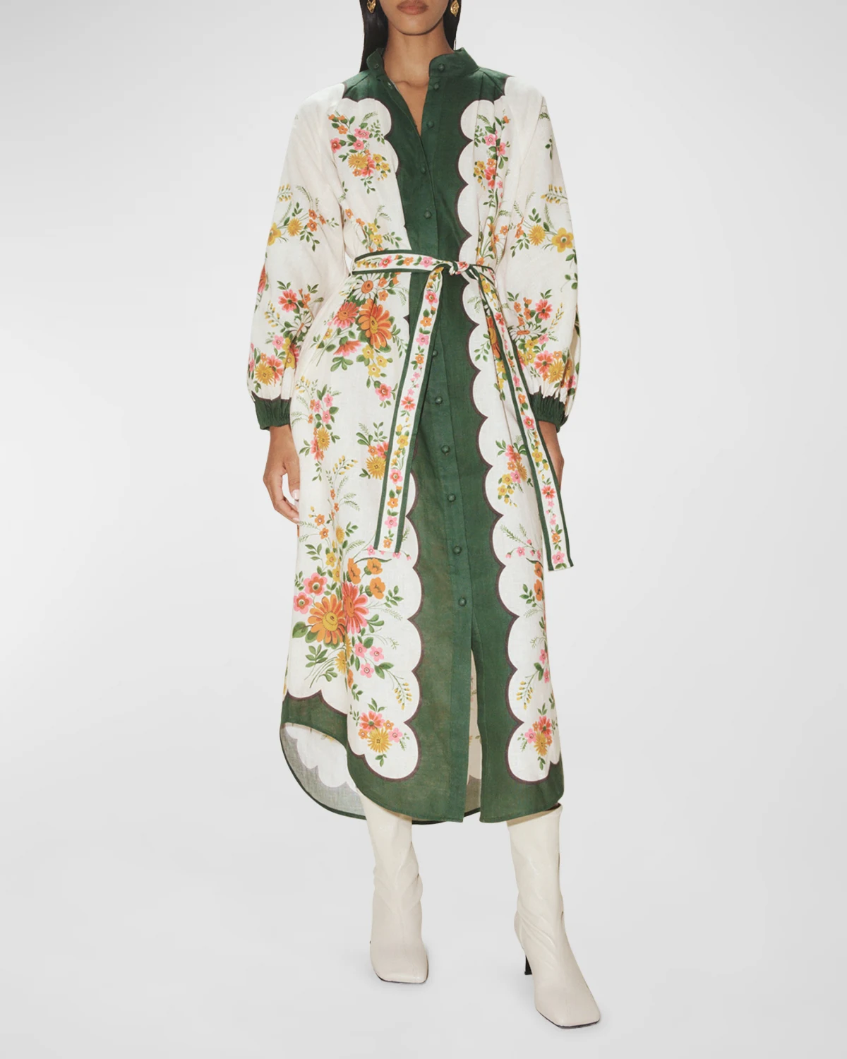 Elisabetta Self-Belt Midi Floral Linen Shirtdress