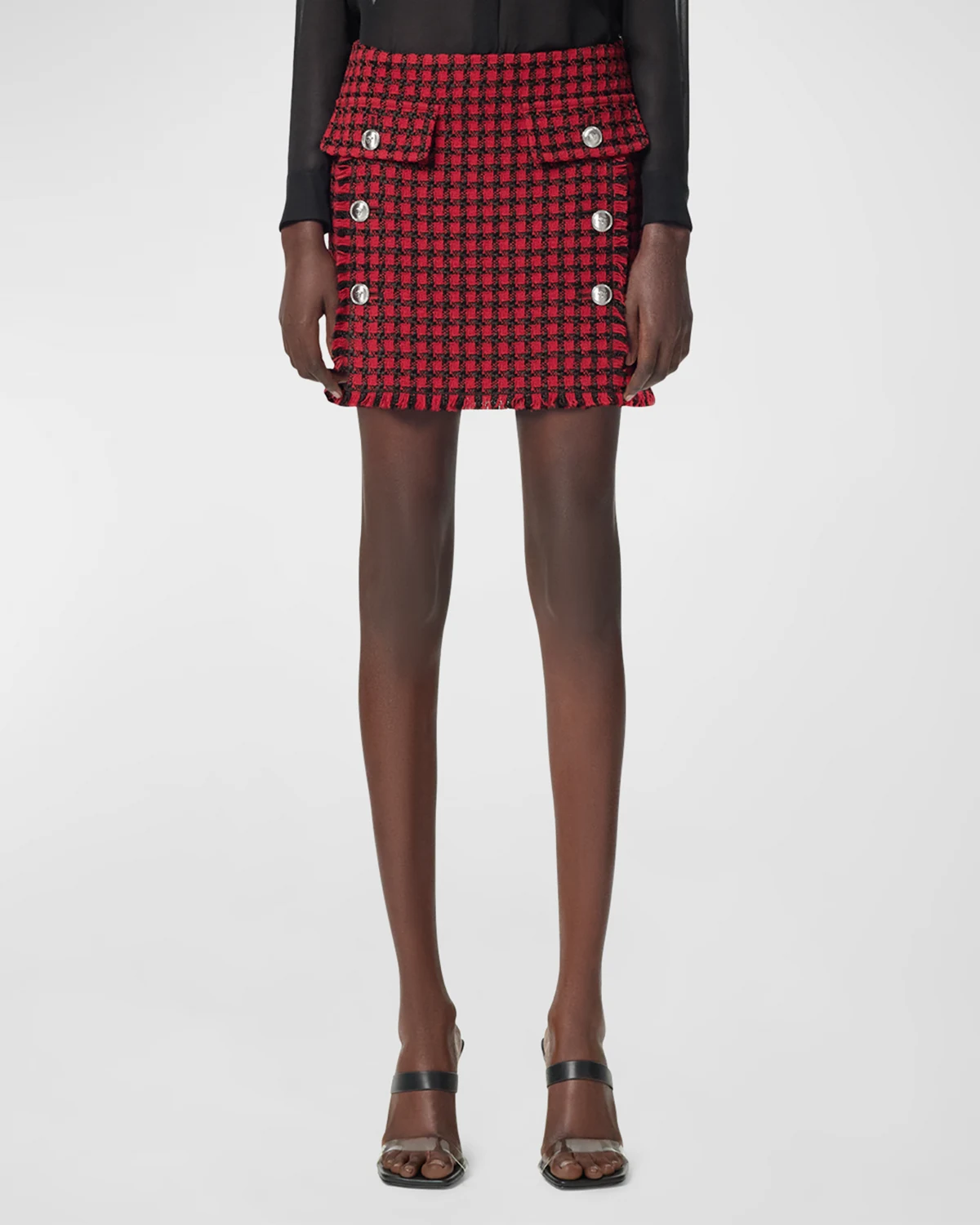 Button-Front Windowpane Wool Tweed Mini Skirt