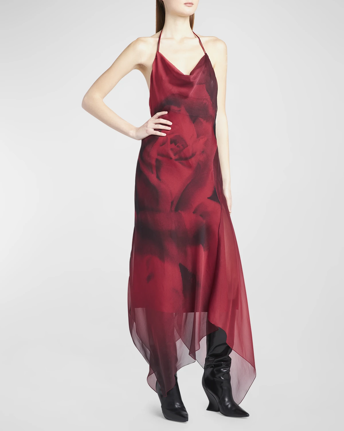 Rose-Print Cowl Halter Handkerchief Maxi Dress