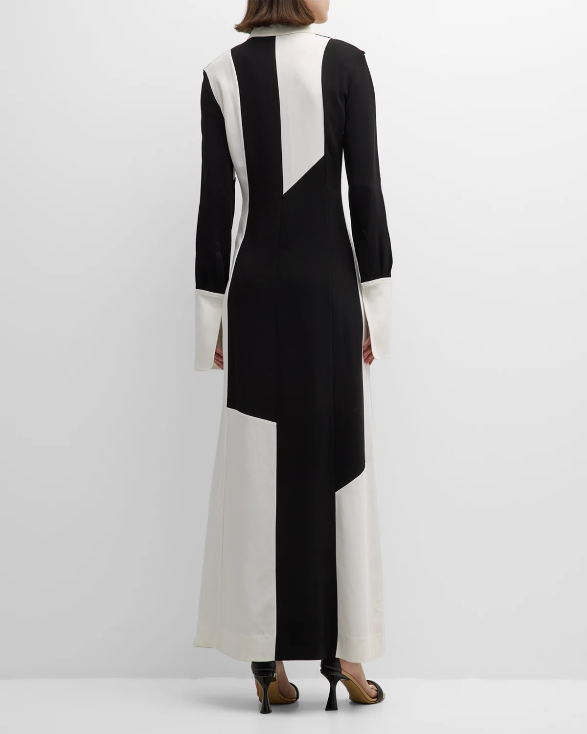 Colorblock Paneled Long-Sleeve Keyhole Collared Gown