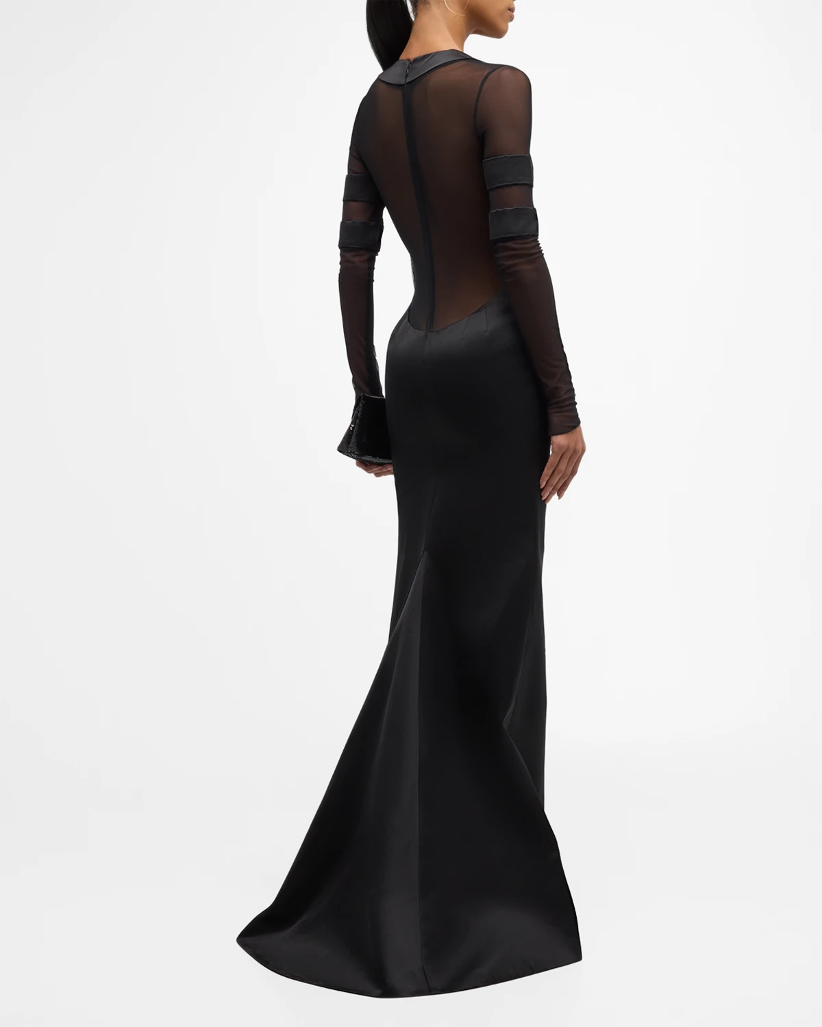 Plunging Scoop-Neck Mesh Long-Sleeve Satin Gown