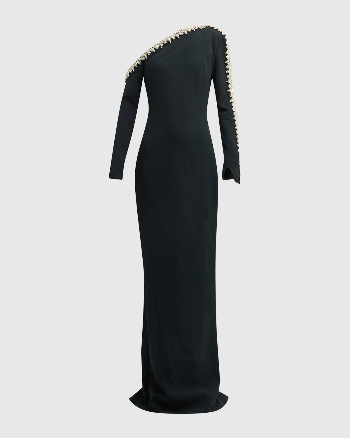 Pearlescent Beaded Fringe One-Shoulder Long-Sleeve Crepe Gown