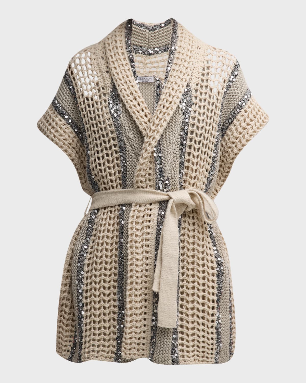 Open-Knit Long Net Cardigan with Paillette Detail