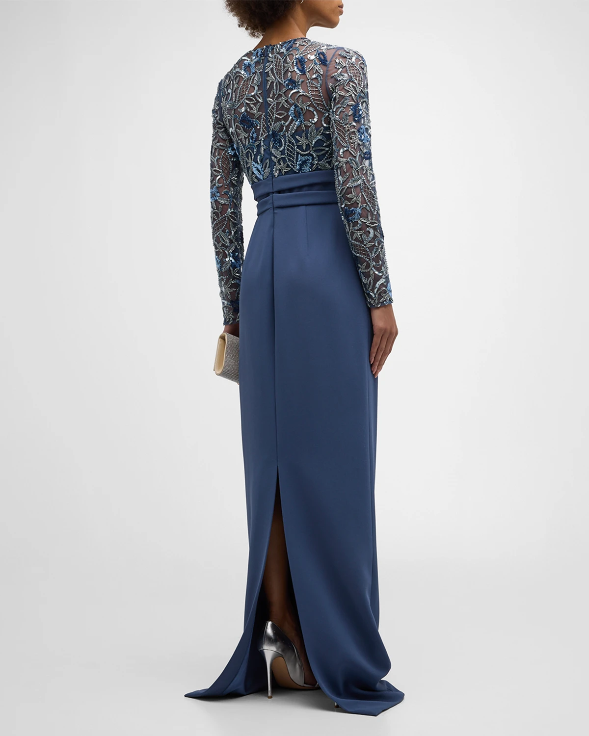 Embroidered Long Sleeve Crepe Gown