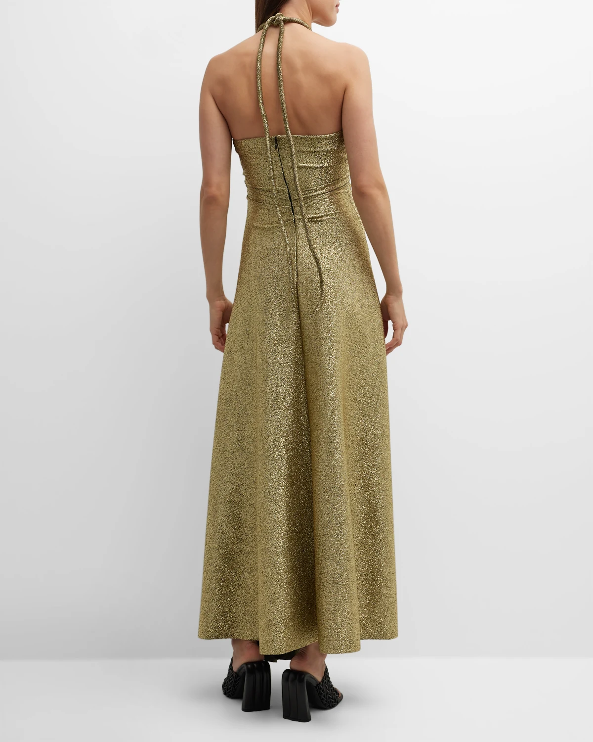 Metallic Jersey Halter Dress with Front Cutout