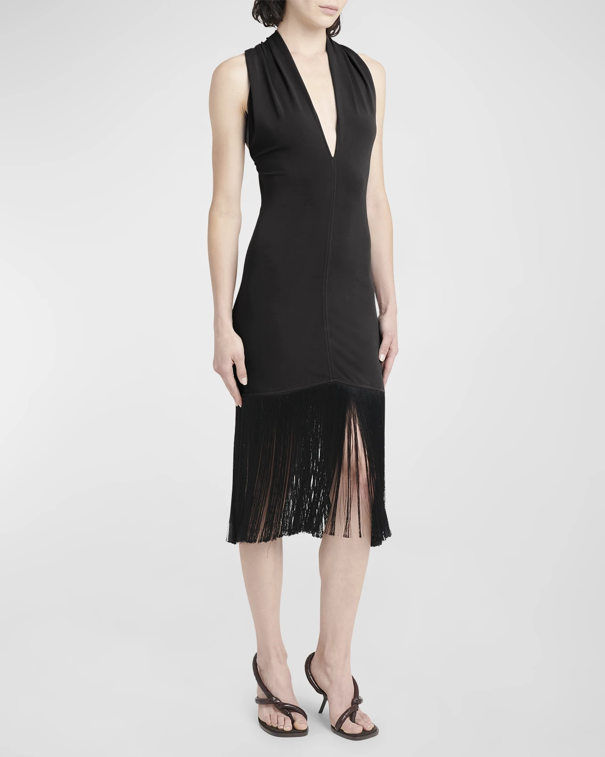 Plunging Sleeveless Fringe-Hem Midi Dress