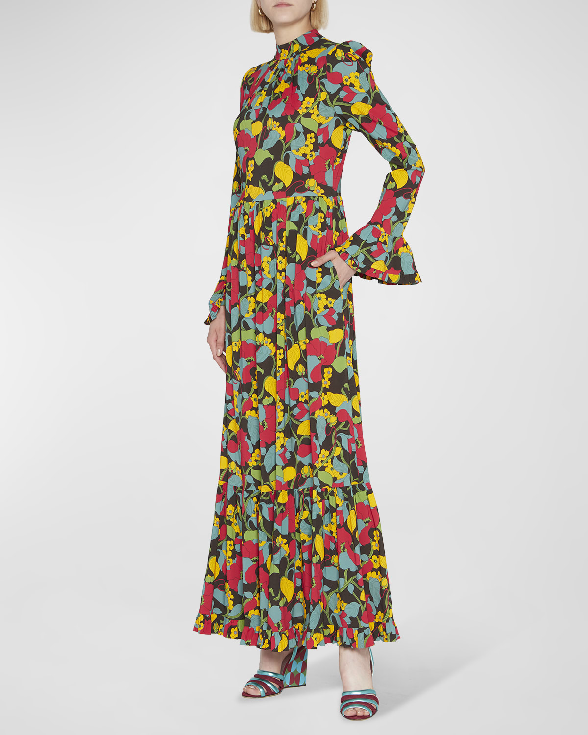 Visconti Floral-Print Puff-Sleeve Tiered Maxi Dress