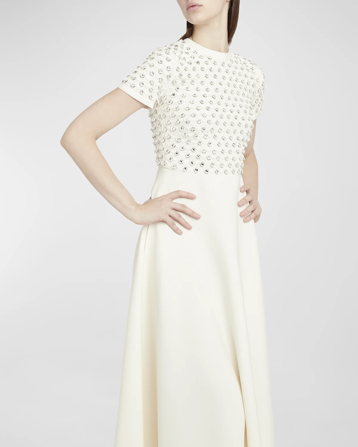 Crystal Scalloped Sequin Embroidered Short-Sleeve Crepe Midi Couture Dress