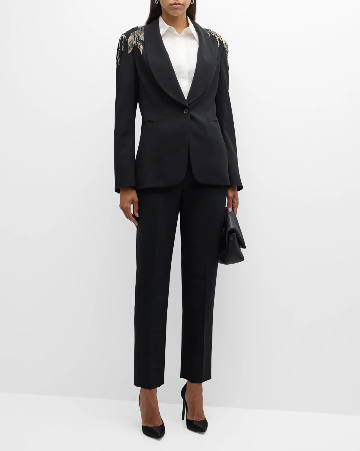 Tamara Luxury Wool Crepe Blazer Jacket with Crystal Embellishment 