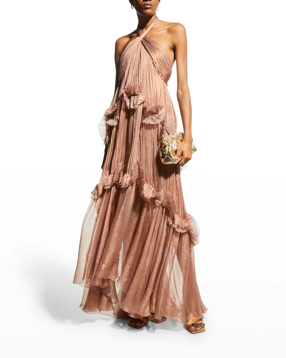 Zadie Metallic Silk Plisse Ruffle Halter Gown